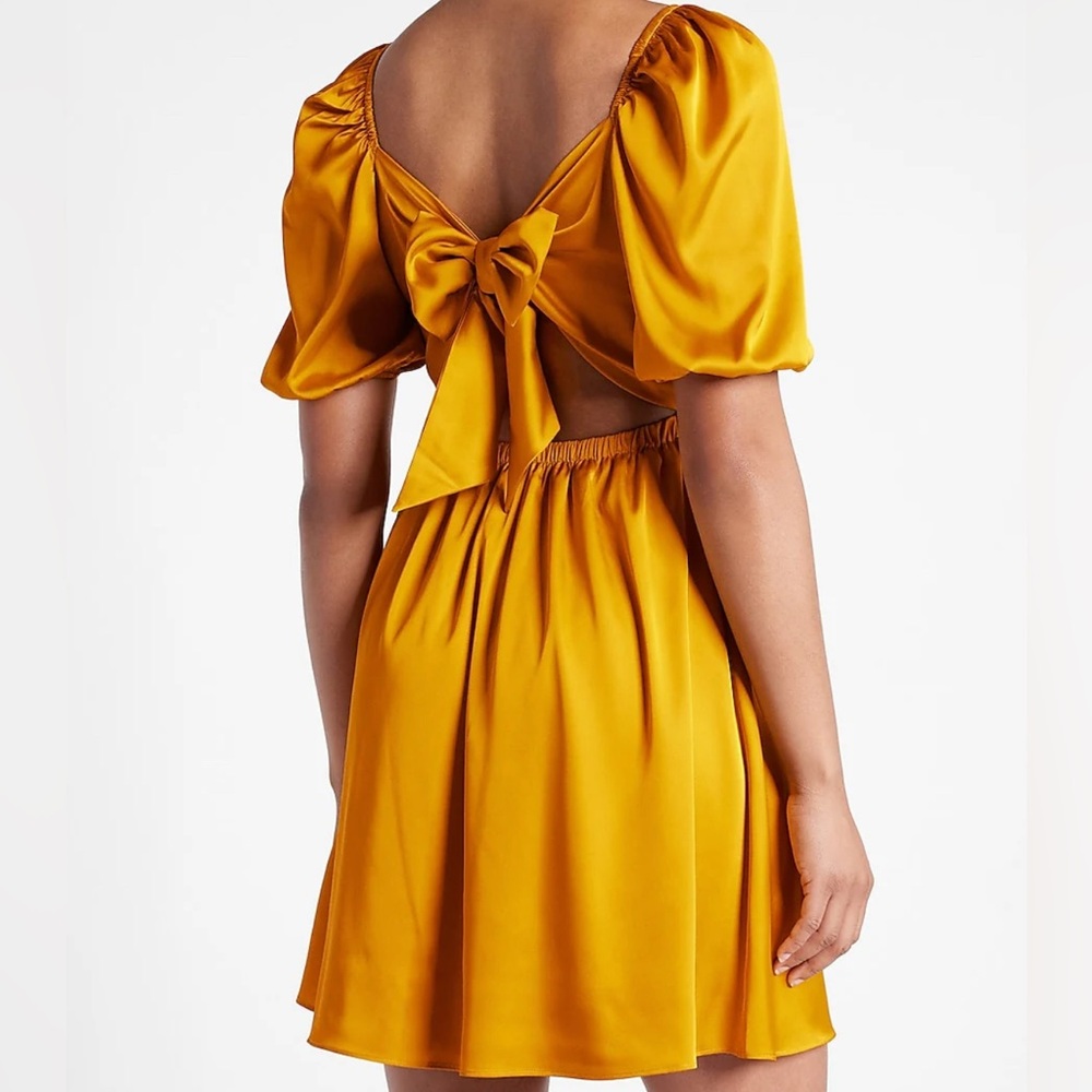 EXPRESS Satin V-Neck Puff Sleeve Twist Front Mini Fit and Flare Dress Golden - Picture 7 of 16